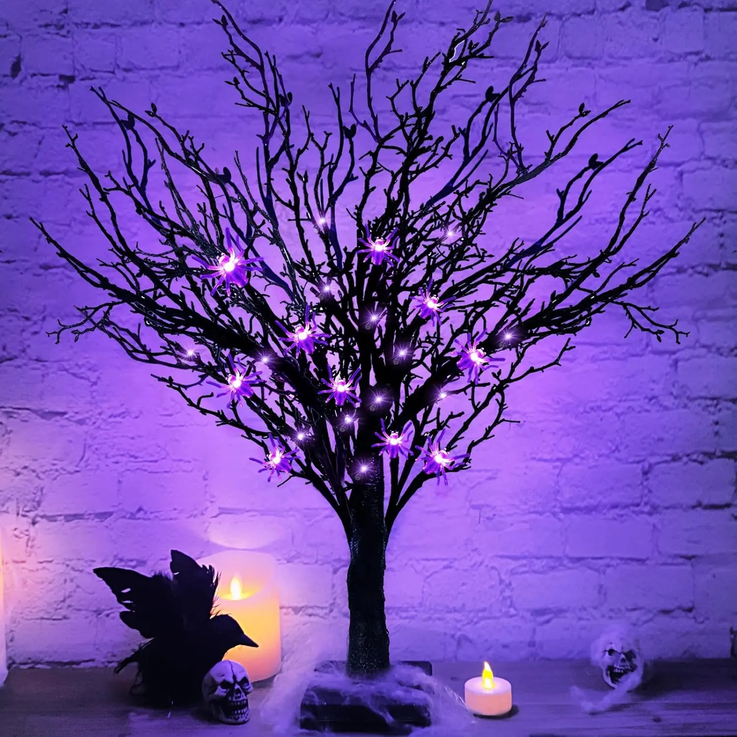 2FT/24" Plastic Prelit Halloween Black Tree Decor - Timer, Switch, 25 Spiders, 24 Purple Lights, Battery Operated, Removable Spooky Artificial Tree for Indoor Tabletop, Fireplace Home Holiday Decorations