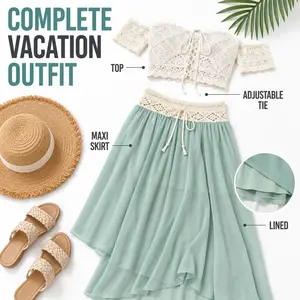 Women’s 2-Piece Reversible Crochet Top & Chiffon Maxi Skirt Beach Cover-Up Set, Summer Resort Vacation Outfit