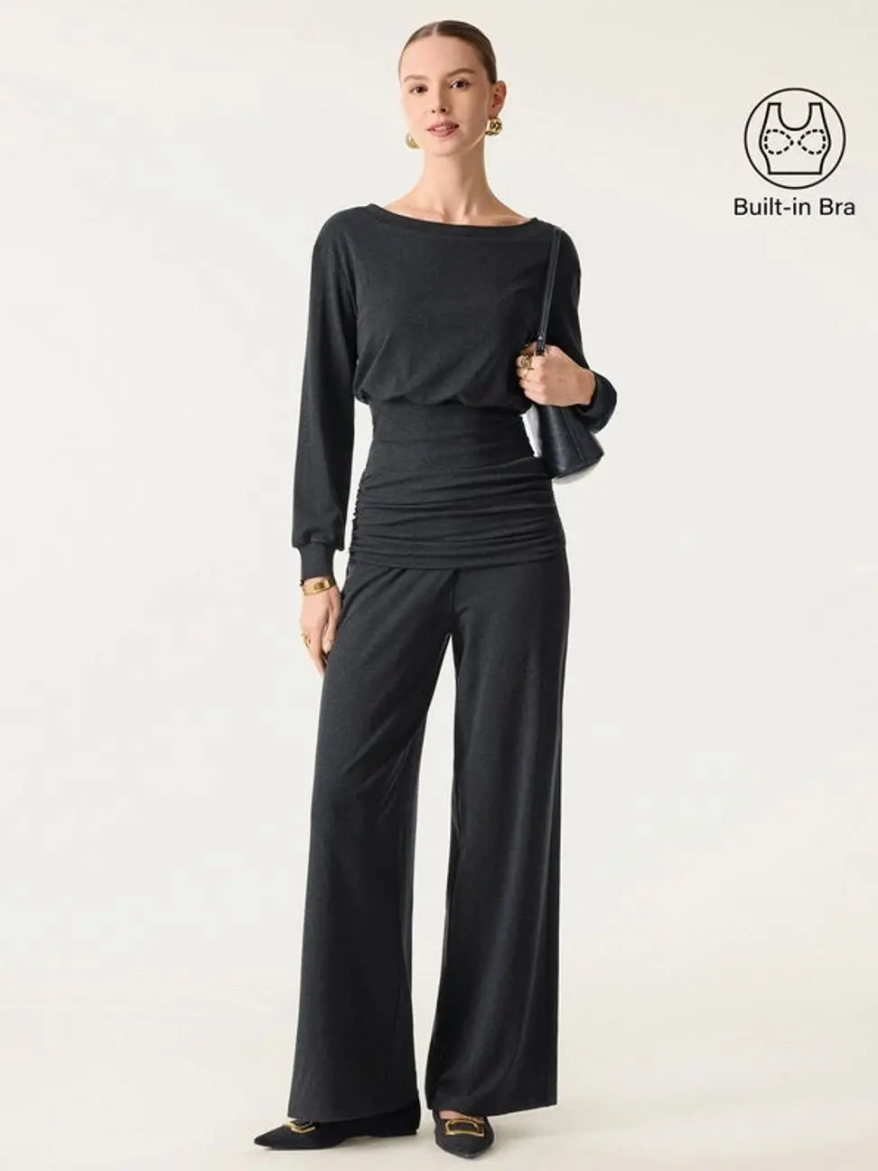 2Pcs Set Boatneck Bra & Drapey Wide Leg Pull-on Pants with Pockets