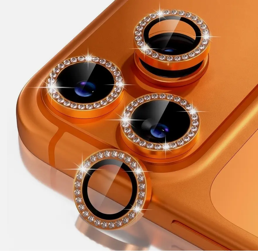 9H Hardness Tempered Glass Camera Lens Protector with Decorative Metal Ring, Diamond Orange for iPhone 17 Series (Air, Pro, Pro Max) - Phone Protection Accessories, Ideal Back to School Gift