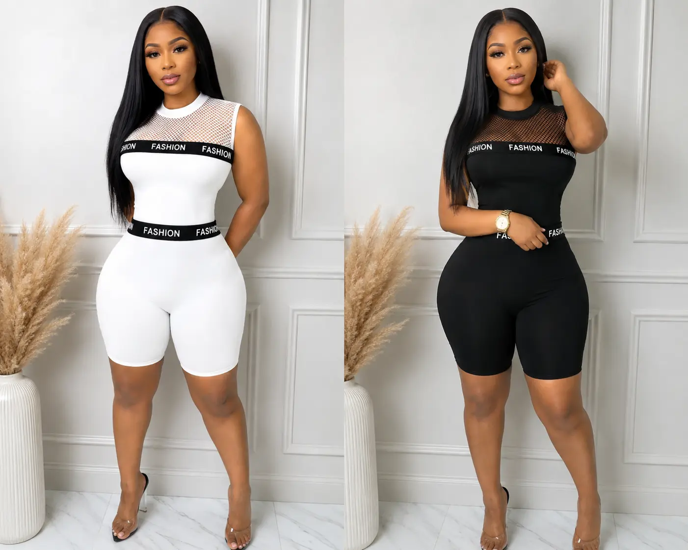 Women's Sleeveless Mesh Panel Biker Short Romper- Black & White