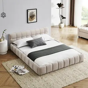 Queen Size Upholstered Bed Frame with Thick Fabric, Chenille Fabric Grounded Queen Size Platform Bed with Headboard and Solid Frame. No Box Spring Needed, Beige
