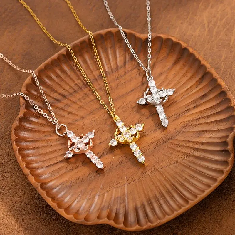 Creative Hollow Cross Pendant Necklace for Women, Elegant Titanium Steel Clavicle Chain with Colorful Zircon Accents, Creative Look, Cross Shape