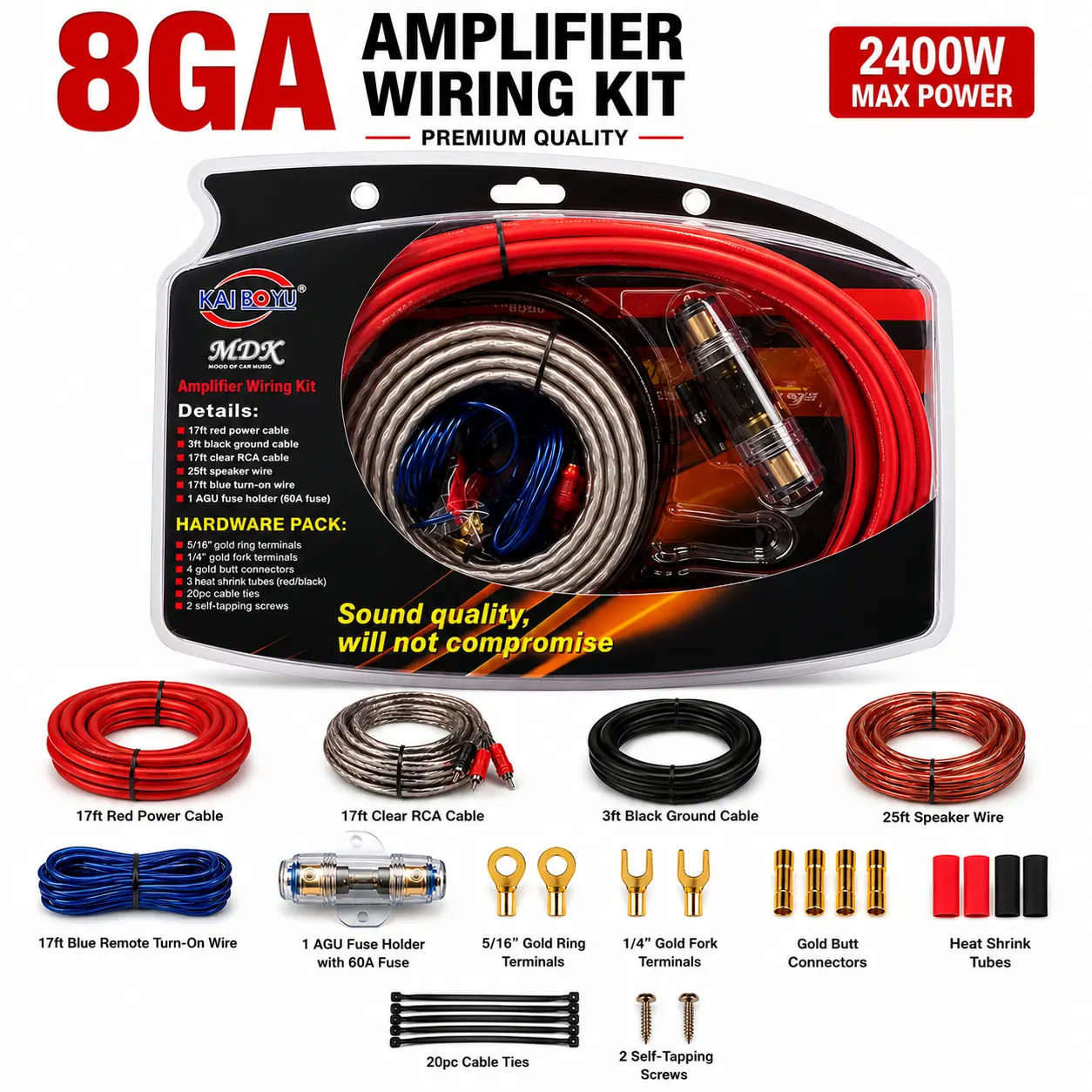 8GA Car Audio Amplifier Wiring Kit with 8ga Cables, Thick Gauge RCA, Fused Power, Ground Cable + Terminals, Heat Resistance, Interference-Resistant for Vehicle Stereo Upgrades Car Media Player Car Speakers