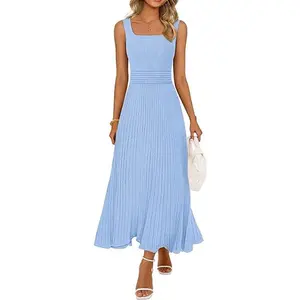 MEROKEETY Women's Summer Casual Midi Dress 2026 Square Neck Sleeveless Pleated A Line Business Work Vacation Cocktail Dresses