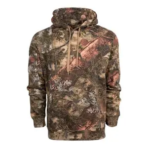 Realtree Timber Camo Hoodie. Dominant Earth Brown, Tree Bark Gray, Green Tones. Woodland Camouflage Pattern, Hunting. Warm, Comfortable. No drawstring.