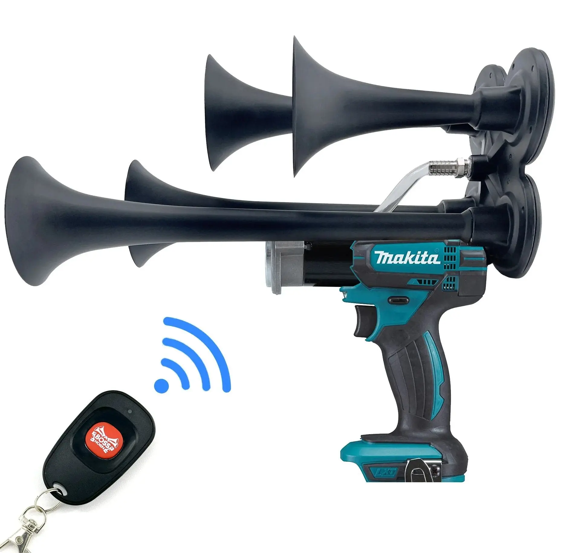 140 dB High-Volume Cordless Control Train Horn for Makita® 18V Batteries - Quad Horns for Parades, Construction Sites
