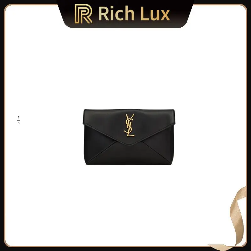 Pre-owned Yves Saint Laurent Pre Loved Authentic Saint Laurent Uptown Envelope Clutch Black Smooth Calfskin Gold YSL Hardware