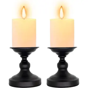 Matte Black Metal Pillar Candle Holder - Set of 2 Candlestick Holders, Ideal for Home Coffee Table Decor Decorations, Centerpiece for Dining/Living Room- Best Wedding Gift