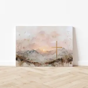 [No frame] Watercolor Cross Canvas Art: Christian Scripture Painting, Peaceful Faith Decor