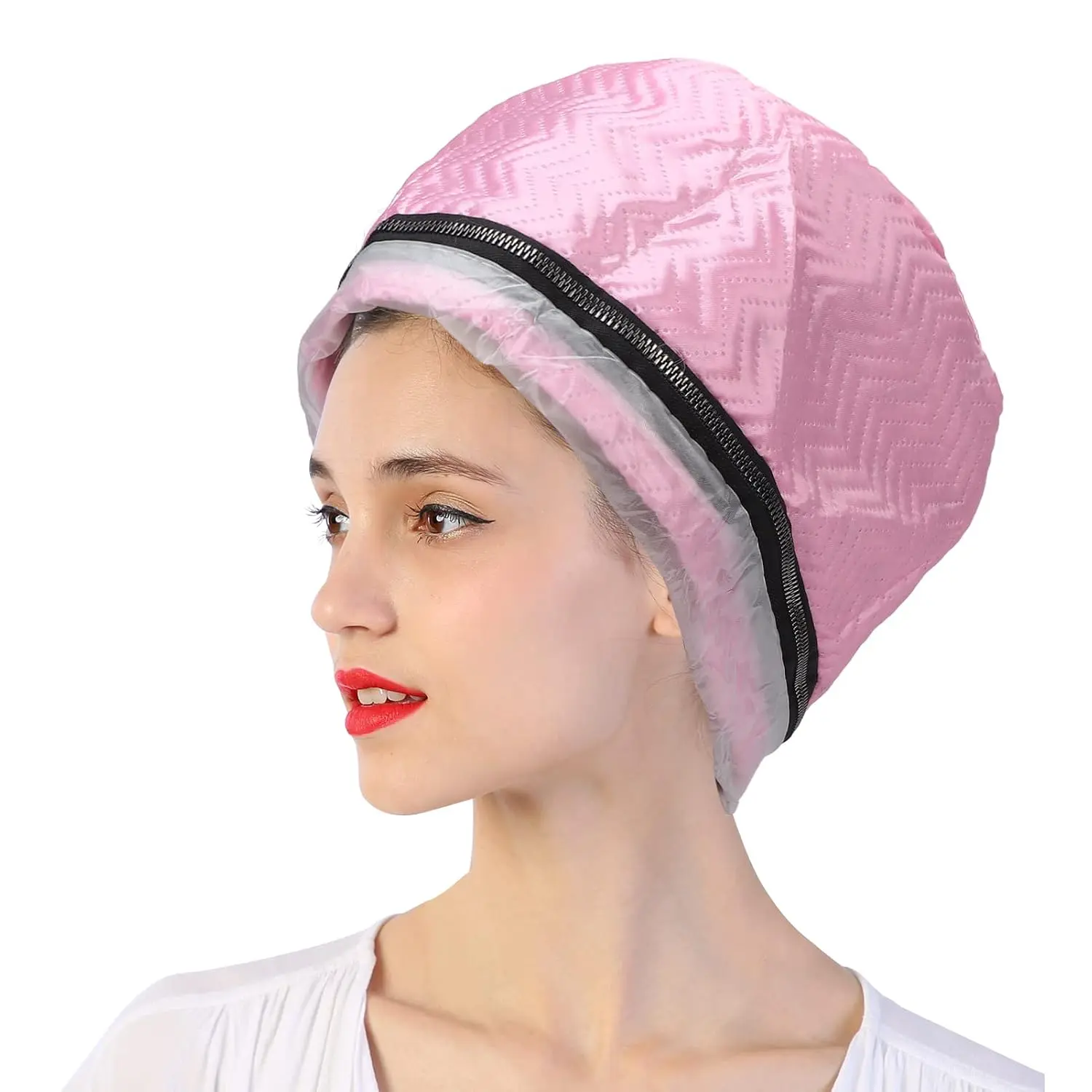 Electric Hair Steamer Cap with Temperature Control, Removable Thermal Hair Care Hat for Home Spa (Pink Type)