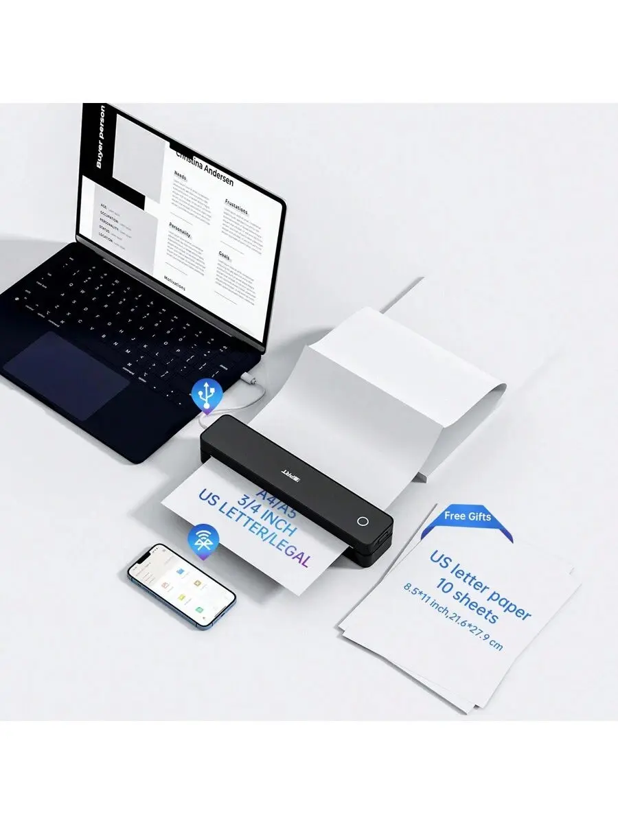 Portable Travel Wireless Thermal Printer - Supports 8.5"x11" U.S. Letter, A4, A5 Paper, Compatible with iOS, Android, Laptops for Office, Home Use