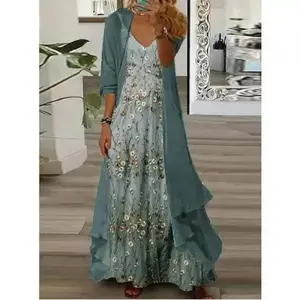 Womens's Casual 2 Piece Set Boho Floral Print Maxi Dress with Cardigan Flowy Chiffon Wedding Guest Dresses for Women Summer Peplum Womenswear Comfort Fabric Knitted