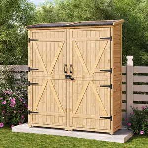 Gizoon Outdoor Storage Cabinet with Waterproof Roof, Double Lockable Doors Garden Shed with 2 Removable Shelves, Wooden Storage Shed with Large Storage Space for Patio, Garden, Backyard, Lawn Organizer Organizing Adjustable
