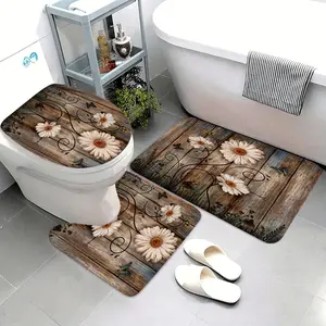 3-Piece Daisy Butterfly Bathroom Rug Set, Floral Non-Slip Absorbent Mats, Garden Decor Toilet Lid Cover & U-Shape Pad