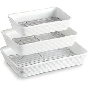 Baking Dishes for Oven, 9x13 Large Casserole Dishes for Oven with Roasting Racks, Rectangular Ceramic Baking Dish Set of 3 for Cooking & Serving, Deep Dish Lasagna Pan (3QT/2.1QT/1.3QT)