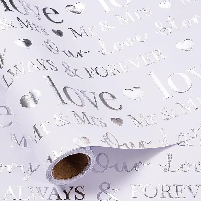 RUSPEPA Wedding Wrapping Paper, Elegant Silver Gold Foil LOVE Design Gift Wrap Roll for Wedding, Bridal Shower, Anniversary & Engagement Gifts,17 Inches x 16.5 Feet