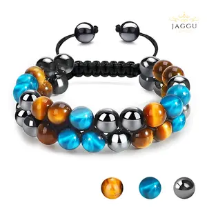 JAGGU MIDON Triple Protection Bracelet for Men & Women - Handmade Tiger Eye Beads, Hematite & Black Obsidian, Natural Stone Healing Energy Crystals