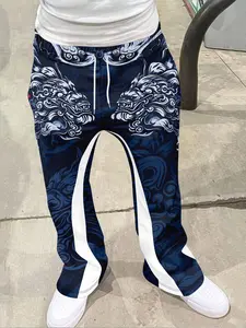 Chinese Guardian Lion & Cloud Print Flared Pants - Blue Elegance Casual Trousers