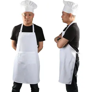 Chef apron set, chef hat and kitchen apron adult adjustable white apron baker costume for men and women, 1 set (33" l x 26" w)