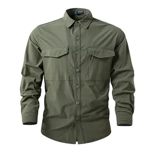 Men's Army Green Workwear Shirt with Stand Collar, Button Front Closure, Double Patch Pockets, Durable Casual Top for Outdoor Activities & Everyday Wear
