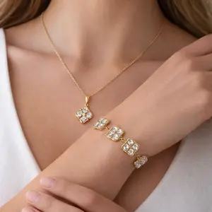 Vintage Edith White Jewelry Set – Gold Plated Necklace & Bracelet Set for Women | Stainless Steel Elegant Minimal Set | Occasion Wear Gift