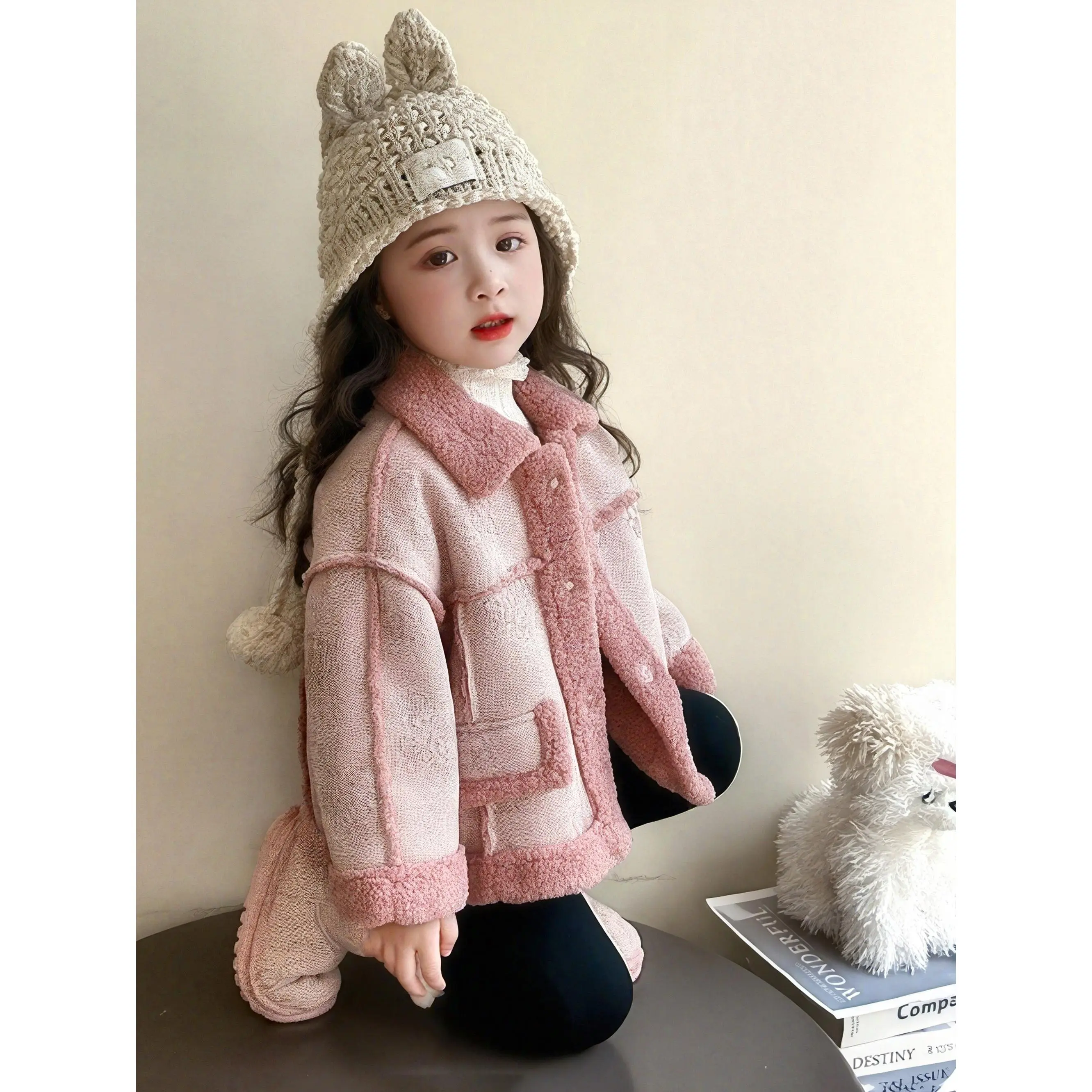 Girls' Winter Coat with Free Gloves All-in-One Fleece Jacket & Sweater High-Neck Collar Soft Pink Lining Warm Pockets Elegant Cold Weather Outerwear for Everyday & Formal Events Cute Chic Outerwear for Girls Seasonal Fashion