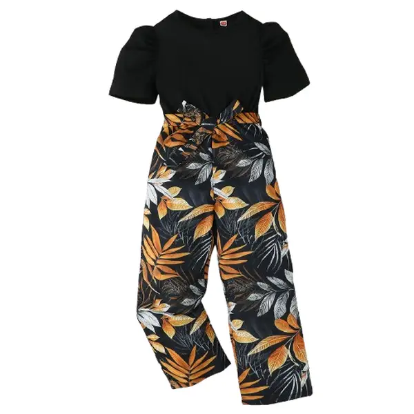 Ready Stock Big Girl Jumpsuit Short Sleeve Hawaiian Maple Leaf Print Romper Overalls 7-8Y,9-10Y,11-12Y,13-14Y Kids Long Pants Spring Clothes 42410004