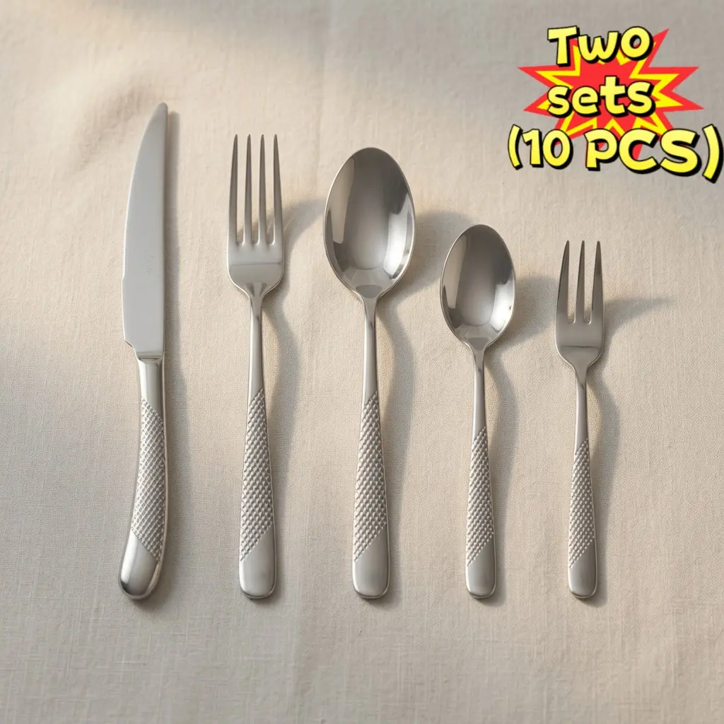 2 Sets Stainless Steel Cutlery Set 10 Piece - Diamond Textured Handle Knife Fork Spoon Flatware