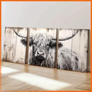 3PCS 2D Decorative painting - Canvas painting - Highland cow painting on rustic wood panels - cheap room decor - kitchen decor - pictures - fall decorations clearance