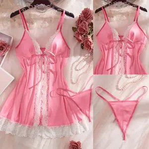 Pink Sexy Women's Lingerie With G-string Lace Nightdress Babydoll Open Front Sleepwear