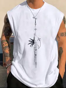 Men's Vintage Sleeveless Tank Top with Tropical Geometric Palm and Moon Print, Casual Polyester, Streetwear, Round Neck for Summer Vacation and Daily Wear