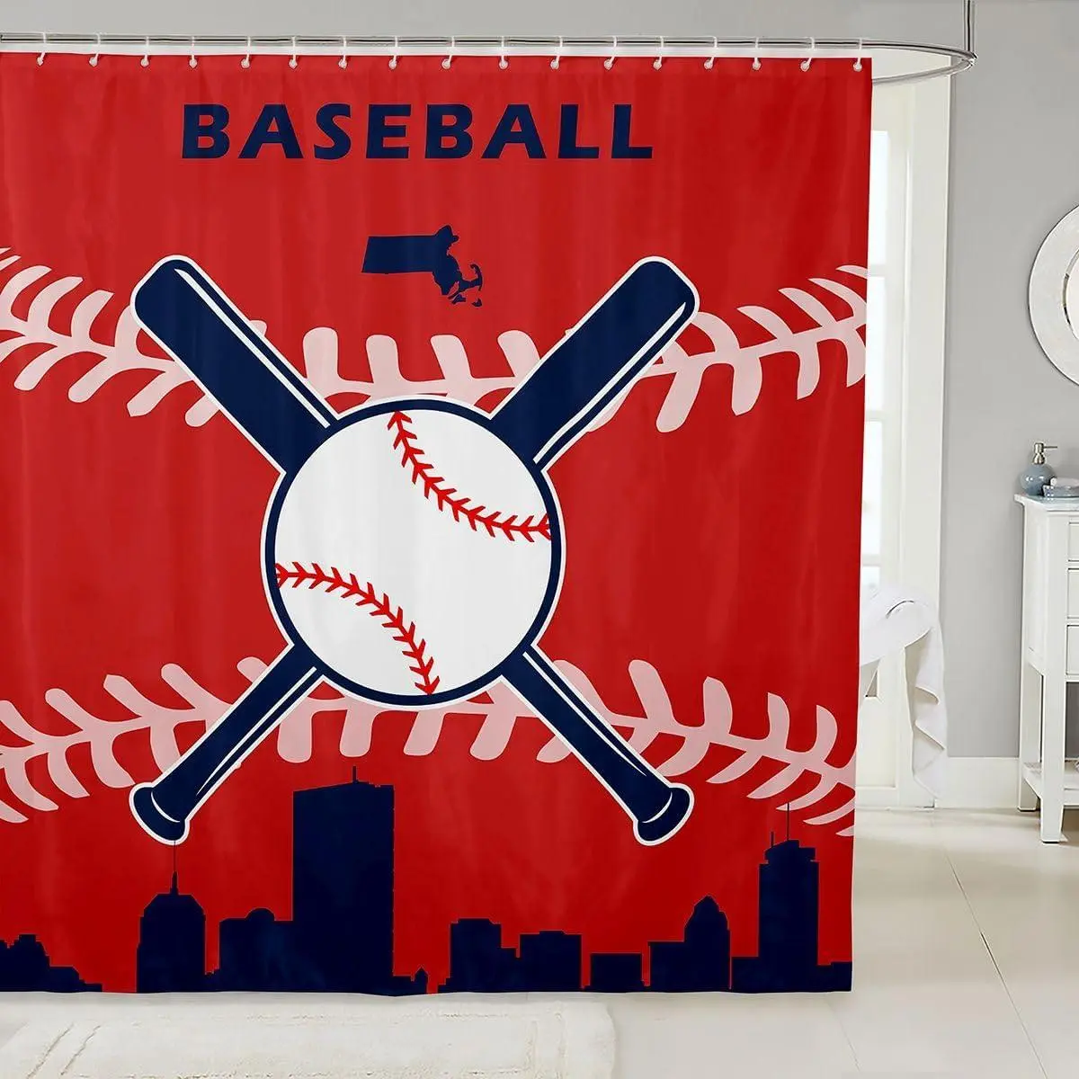Feelyou Printed Baseball Decorative Shower Curtain - Boys' Waterproof Polyester Washable Fabric, Bathroom Decorations, 72" Wide x 72", Athletic Club C-Hooks Included, Funny Softball Design for Dorm Room, Camper