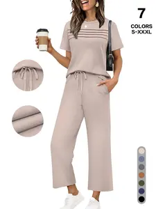 2026 New Women's Casual Solid Color Pajama Set, Simple Design Comfortable Round Neck + Matching Drawstring Wide Leg Pants, Wearable at Home