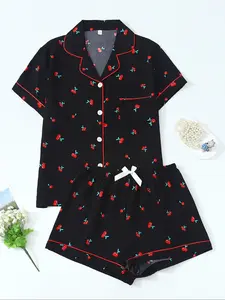 Women's Two-Piece Pajama Set, Casual Comfortable Lapel Pocket Shirt Short Sleeve + Elastic Waist Shorts, All-Season Sleepwear Cherry