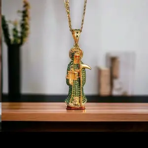 Santa Cruz XL Santa Muerte Pendant with Red Eyes, Micro Paved Stones, Yellow Gold Finish, Elegant Design in Red, Blue, and Green Stunning Jewelry Menacing Figure With Striking Red Eyes