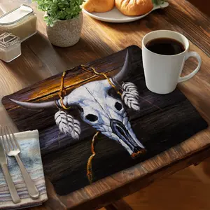 360 stand Rustic Polyester Bull Skull Print Placemat & Coasters, 14x18 in Blue Farm Animals Design - Kitchen Tableware, Home Decor CBPM14181H5141, Coasters Home Decor, Coasters For Drinks