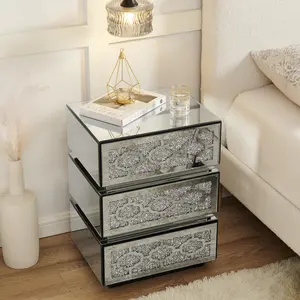 Mirrored Nightstand Modern Bedside Table with 3 Drawers, Silver Accent End Table with Crushed Diamonds for Bedroom, Dorm and Living Room, 17.7"W x 13.8"D x 23.6"H