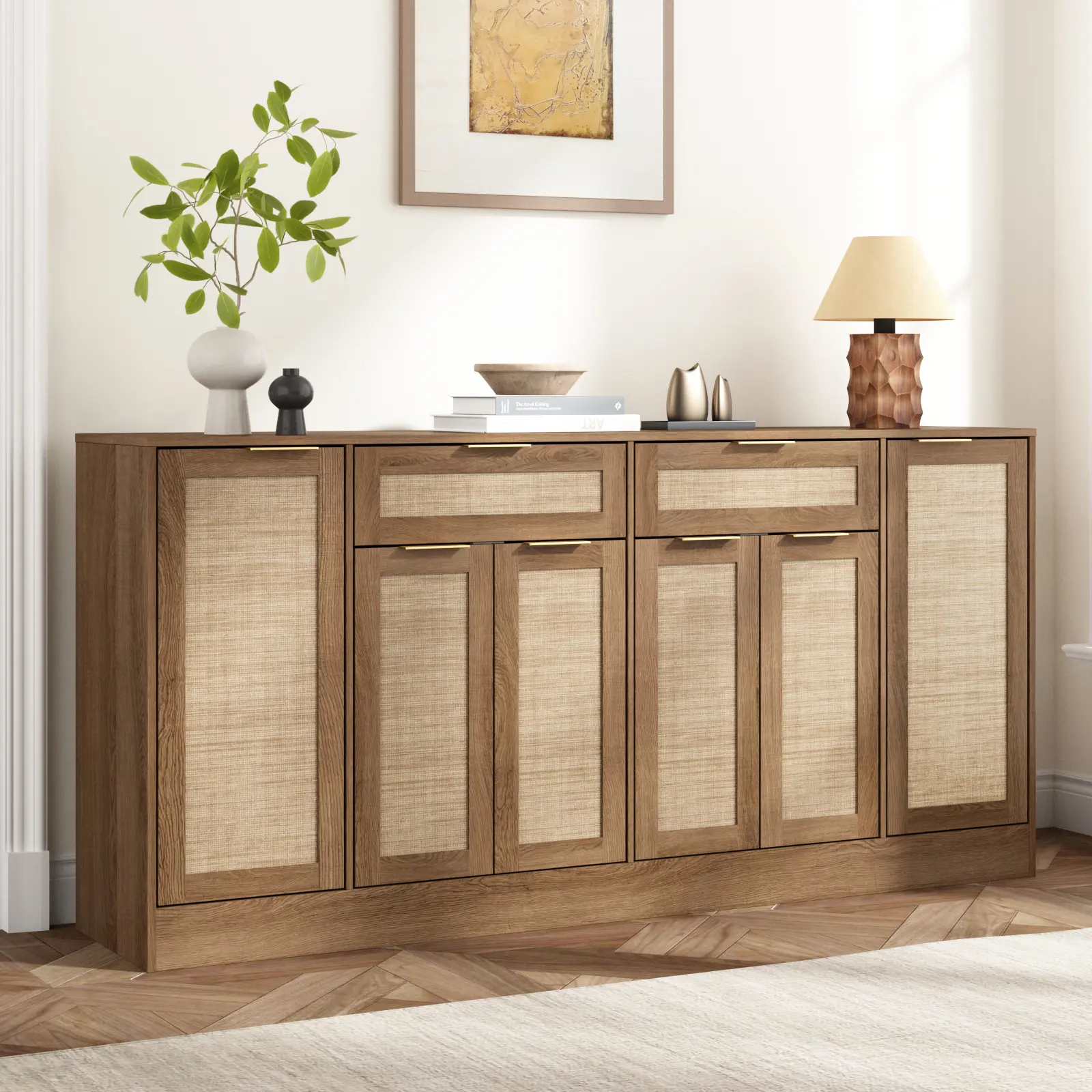 PieDle 70.1" Rattan Sideboard Buffet Cabinet, 6 Soft‑Close Doors & 2 Drawers, Adjustable Shelves Farmhouse Boho Credenza, Coffee Bar Storage for Living Room Hallway Kitchen
