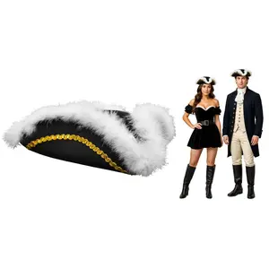 Adult Black Tricorn Pirate Hat w Faux Feather Trim