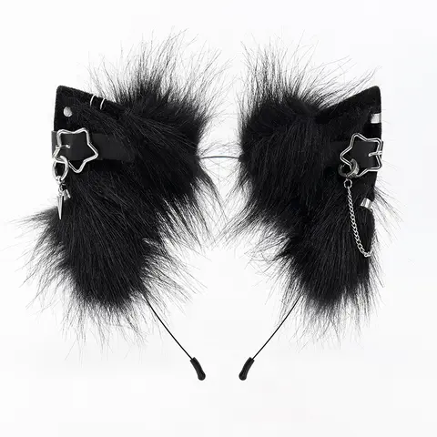 Cute Gothic Punk Cat Ears Headband – Fluffy Faux Fur Cosplay Headpiece with Chain & Star Charms for Halloween & Anime Party