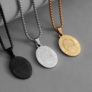 Saint Michael Protect Us Archangel Pendant Necklace for Men & Women, Stainless Steel Jewelry for Party, Daily Clothing Decor, for Gift,Cuban Link Chain