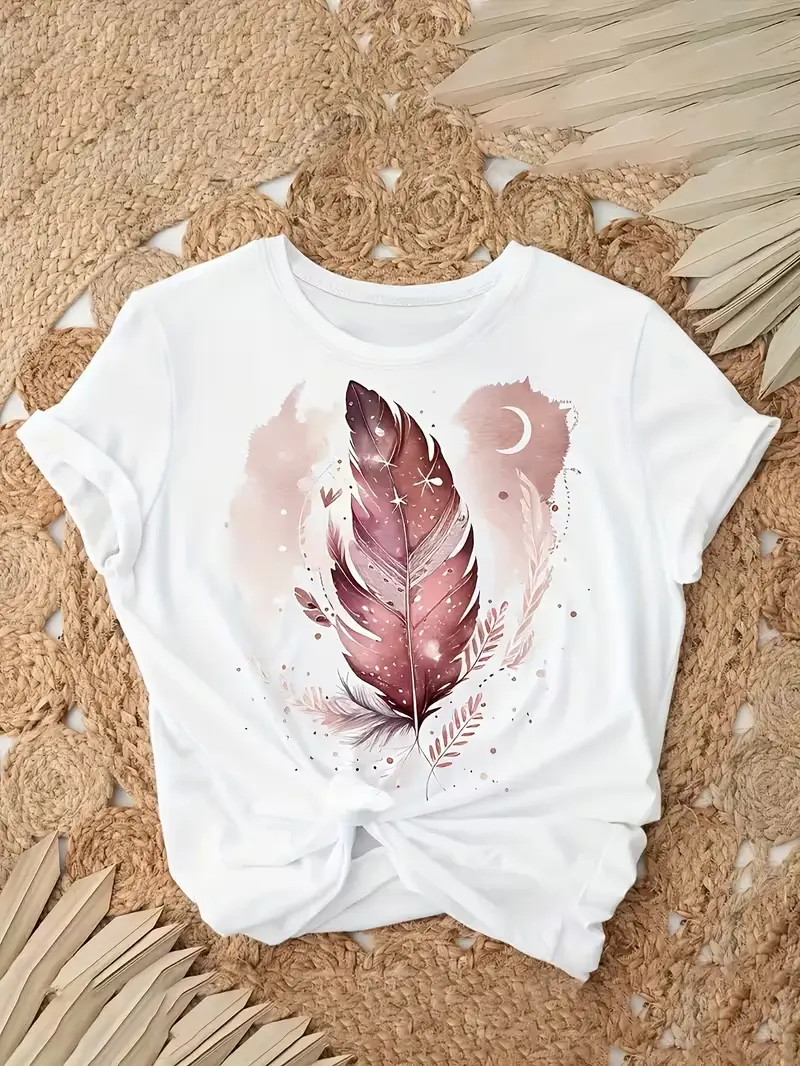 New Summer Pink Gradient Pattern Print T-Shirt, Casual Regular Crew Neck Top