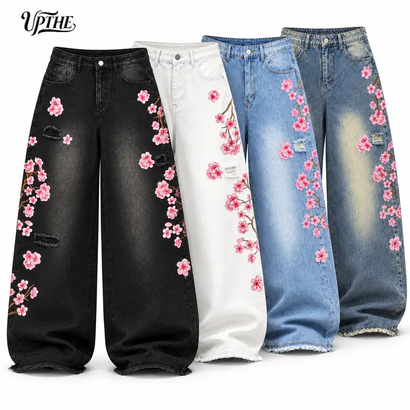 UP THE Vibe Men's Wide Leg Hiphop Jeans - 2000s Fashion Streetwear Drip Clothing, Classic Plum Blossom Embroidery, Button Closure, Distressed Raw Hem, Pockets, Below Ankle, Casual Denim Bottoms (Men's Clothing Collection)