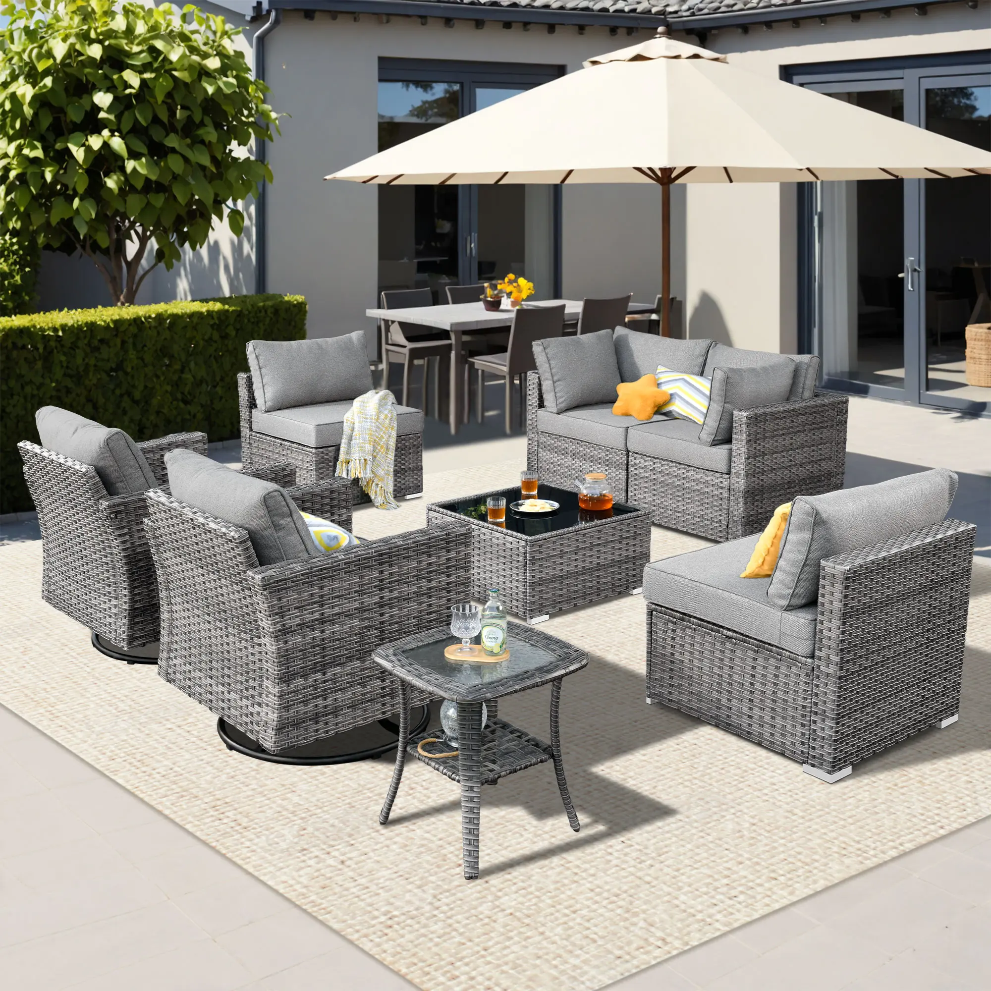 CAODOC Patio Furniture Set, 8 Pieces Outdoor Sectional Couch with Swivel Rocking Chair, Gray Wicker Rattan Sofa with Side Table, Thick Cushion for Garden Backyard Deck