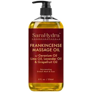 SaraHydra Frankincense Massage Oil 230g - Rejuvenating Stretch Mark & Scar Treatment with Geranium Lavender Essential Oils Firming Hydration Non Greasy Vegan Body Oil