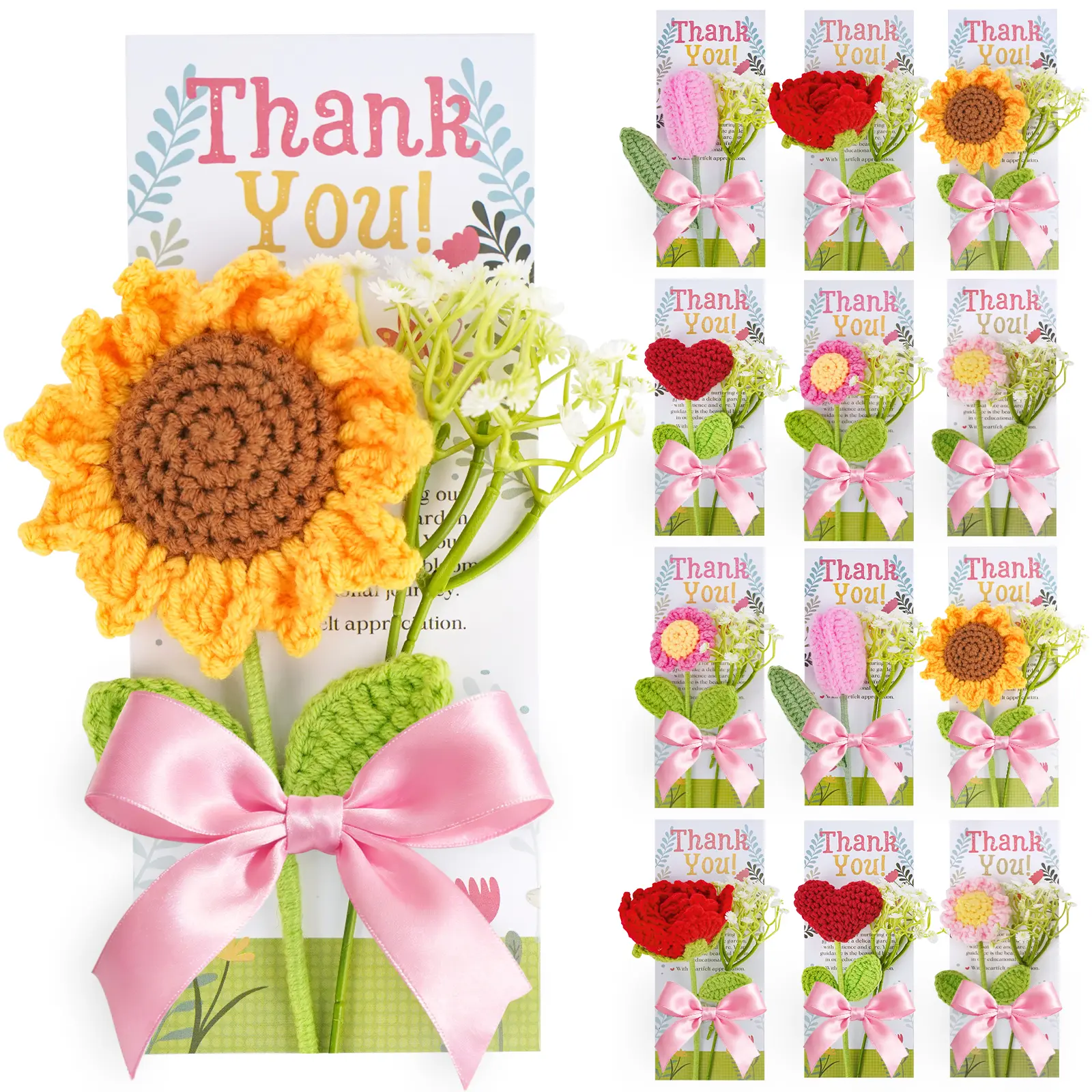 Back To School Teacher Appreciation Gifts 6 / 12 PC, Thank You Teachers Gifts in Bulk, Crochet Artificial Flowers with Teacher Appreciation Cards, End of Year, Graduation Gift for Daycare Teachers