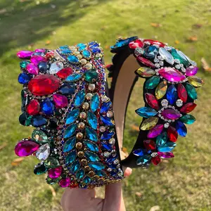 Colorful Jeweled Rhinestone Headband Women Sparkly Bling Crystal Diamond Head Band Padded Wide Vintage Hairband Girls Hair Hoop