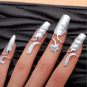 Elegant 4pcs Flower Nail Ring Set for Women - Adjustable Open Design with Sparkling Rhinestones, Perfect for Weddings & Birthdays