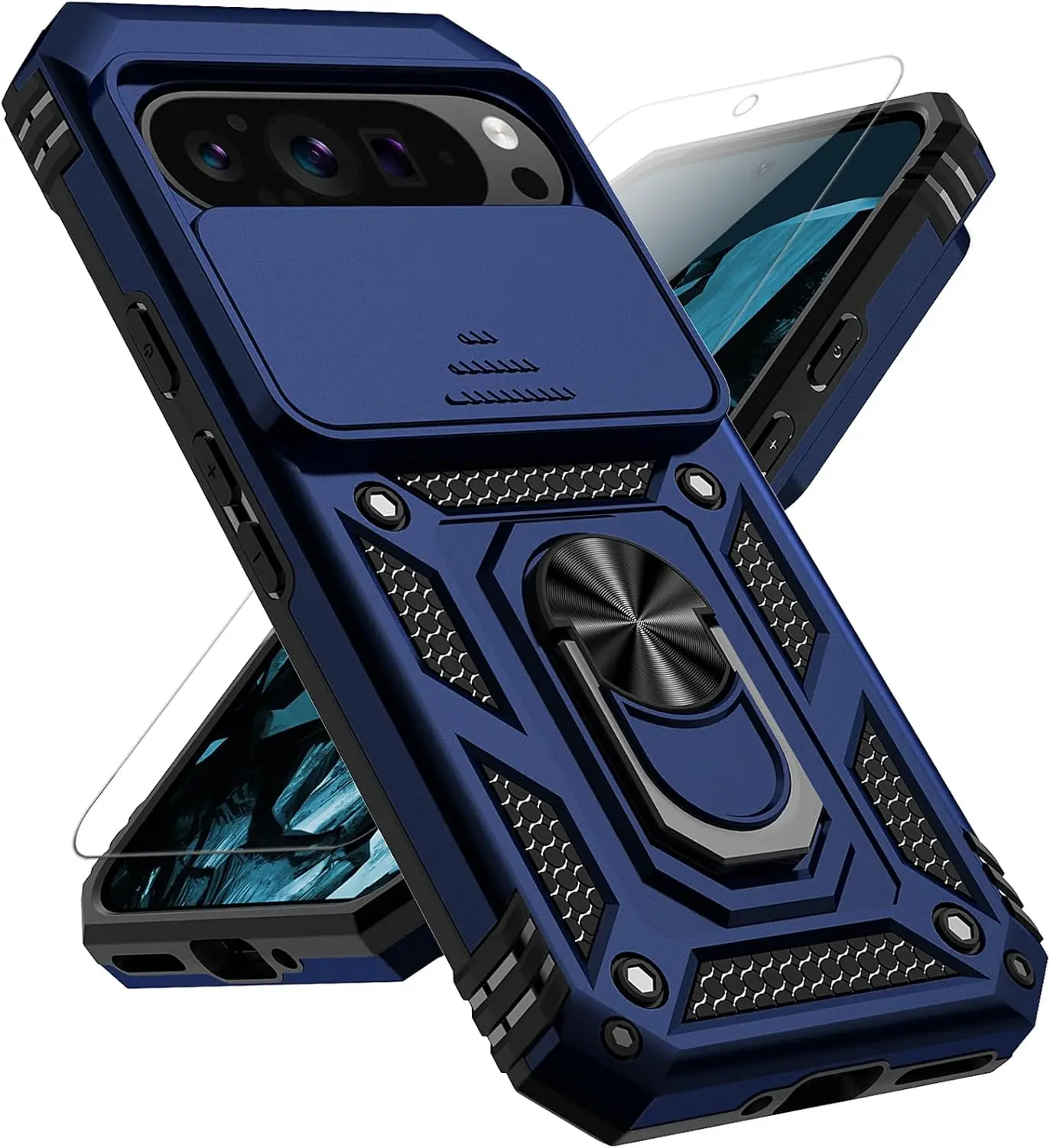 for Google Pixel 9 / Pixel 9 Pro Case with Slide Camera Cover Screen Protector [Military Grade Drop Tested] Magnetic Ring Holder Kickstand Protective Phone Case for Google Pixel 9/9 Pro, Navy Blue